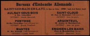 Armée allemande, bureaux d'embauche allemands. - « Saint-Germain-en-Laye, Aulnay-sous-Bois, Pontoise, Mantes, Saint-Cloud, Argenteuil, Enghien-les-Bains ».