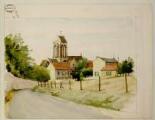 Vue sur le village et le clocher de l'église : aquarelle
