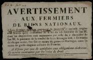 1 vue  - « Avertissements aux fermiers de biens nationaux ». Pontoise : imprimerie Dufey. (ouvre la visionneuse)