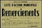 1 vue  - Chauvin, Adolphe. - « Liste d’action municipale. Remerciement ». Pontoise : Imprimerie SOGEI. (ouvre la visionneuse)