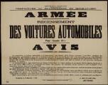 1 vue  - Préfecture de Seine-et-Oise. - « Armée. Avis de recensement des voitures automobiles pour l\'année 1911 ». Versailles : Imprimerie Cerf. (ouvre la visionneuse)