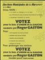 1 vue  - Gaston, Roger. - « Ville de Goussainville. Elections municipales du 13 mars 1977. Votez pour la liste d\'union de la Gauche conduite par Roger Gaston ». (ouvre la visionneuse)