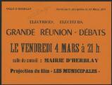 1 vue  - « Ville d\'Herblay. Elections municipales du 13 mars 1977. Electrices, électeurs, grande réunion-débats ». (ouvre la visionneuse)