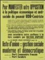 1 vue  - Dupouy, Victor. - « Ville d\'Argenteuil. Elections municipales du 14 mars 1971. Pour manifester votre opposition à la politique économique et anti-sociale du pouvoir UDR-Centriste ». (ouvre la visionneuse)