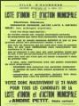 1 vue  - Petit, André. - « Ville d\'Eaubonne. Elections municipales du 21 mars 1971. Liste d\'union et d\'Action municipale ». (ouvre la visionneuse)