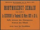 1 vue - Boissel, Jean-François. - « Elections municipales du 14 mars 1971. Montmorency-Demain vous invite ». (ouvre la visionneuse)