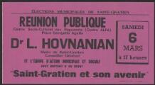 1 vue  - Hovnanian, Léon. - « Elections municipales de Saint-Gratien. Réunion publique. \'Saint-Gratien et son avenir\' ». (ouvre la visionneuse)