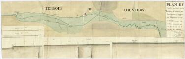 1 vue Omerville. - Tracé de l'Aubette de Magny avec emplacement des moulins de Louvière et d'Amiel : plan et profil.