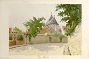 1 vue  - Rue du village avec chevet de l\'église : aquarelle. (ouvre la visionneuse)