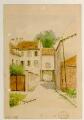 1 vue  - \'Une vieille rue, à Saint-Brice\', avec habitations et porche : aquarelle. (ouvre la visionneuse)