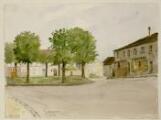 1 vue  - Garges-lès-Gonesse. - Place ombragée, entourée de maisons rurales : aquarelle. (ouvre la visionneuse)